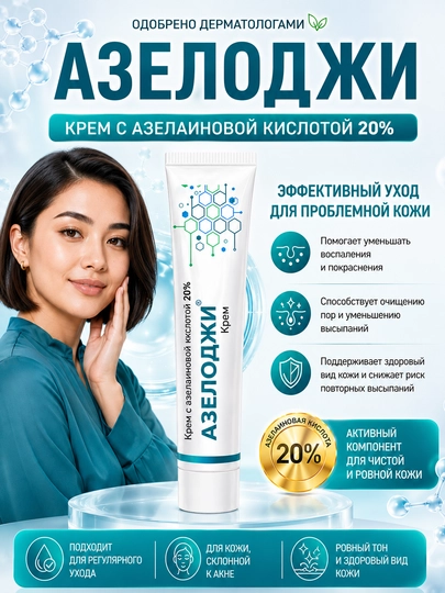Husnbuzar, akne va qora nuqtalar uchun 20% azelain kislotali krem AZELOGY, 30 g - 