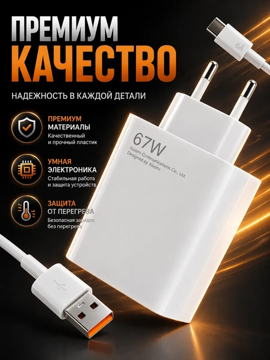 Зарядное устройство Xiaomi Quick Charge 67W с кабелем Type-C, сетевой блок и шнур 6A