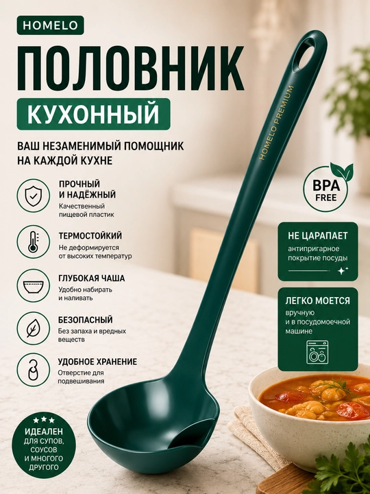 Половник кухонный, бамбуковый пластиковый силиконовый
