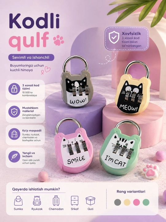 Parolli qulf,  3-xona kodli qulf, chemodan, bagaj, ryukzak va sumka uchun xavfsizlik qulf - 