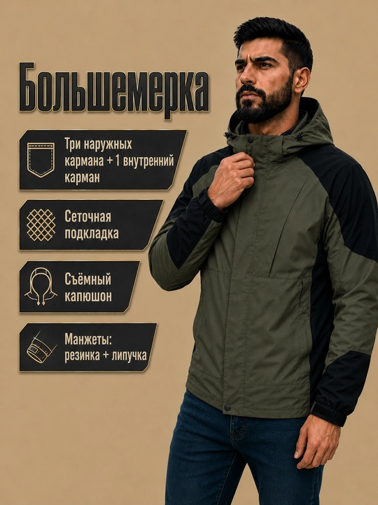 Erkaklar yelkaposhi, mavsumiy, kapyushonli, kattaroq o‘lchamda, o‘lchami M-3XL dan boshlanadi
