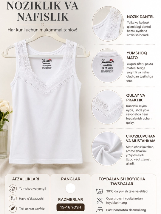 12-16 yoshli qizlar uchun paxtali mayka - 