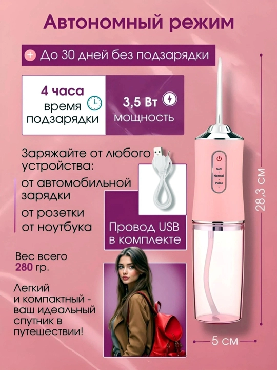 Ирригатор для полости рта Oral Irrigator с USB, 3 режима, 4 насадки