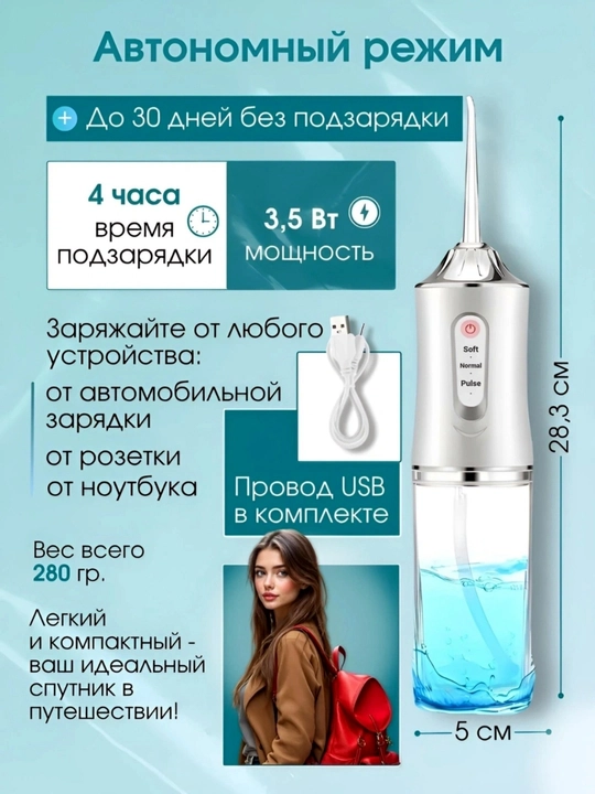 Ирригатор для полости рта Oral Irrigator с USB, 3 режима, 4 насадки