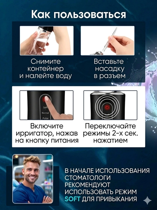 Ирригатор для полости рта Oral Irrigator с USB, 3 режима, 4 насадки