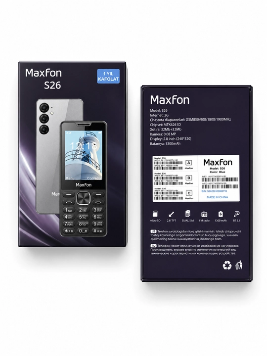 MaxFon S26 tugmali telefoni, 2 ta SIM-karta, Type-C zaryadlash, 1300 mAh, katta ekran