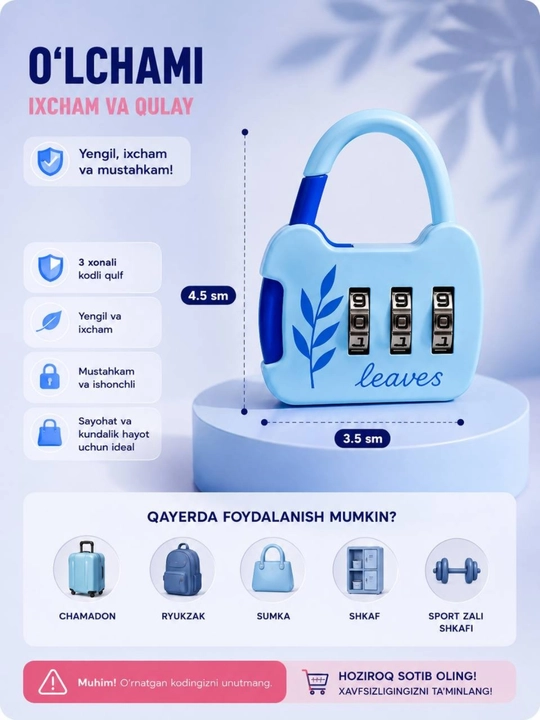 Kodli qulf, 3 xonali kodli qulf, chamadon, yuk, ryukzak va sumka uchun xavfsizlik qulfi