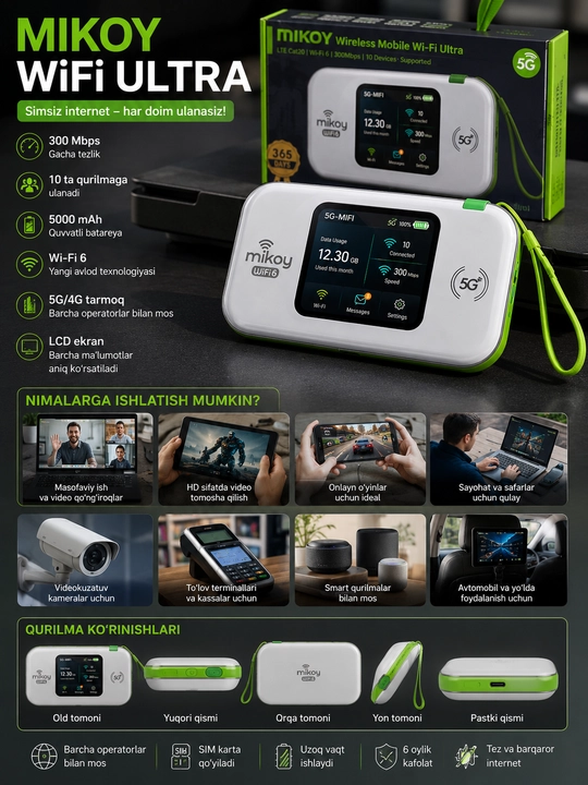 Cho'ntak Wi-Fi, router, sim kartalik wi fi router, 4G, LTE