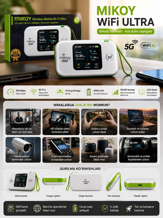 Cho'ntak Wi-Fi, router, sim kartalik wi fi router, 4G, LTE