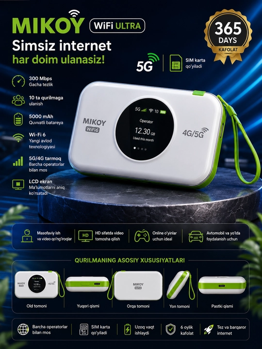 Cho'ntak Wi-Fi, router, sim kartalik wi fi router, 4G, LTE
