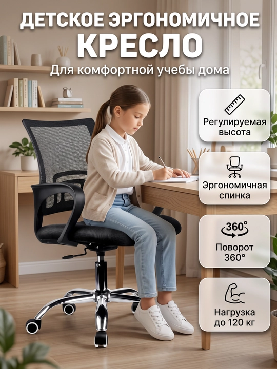 Детское компьютерное кресло , с роликами, выдерживает 120 кг, с регулировкой высоты