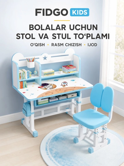 Bolalar partasi, stul va stol bilan, ortopedik, o‘qish uchun - 