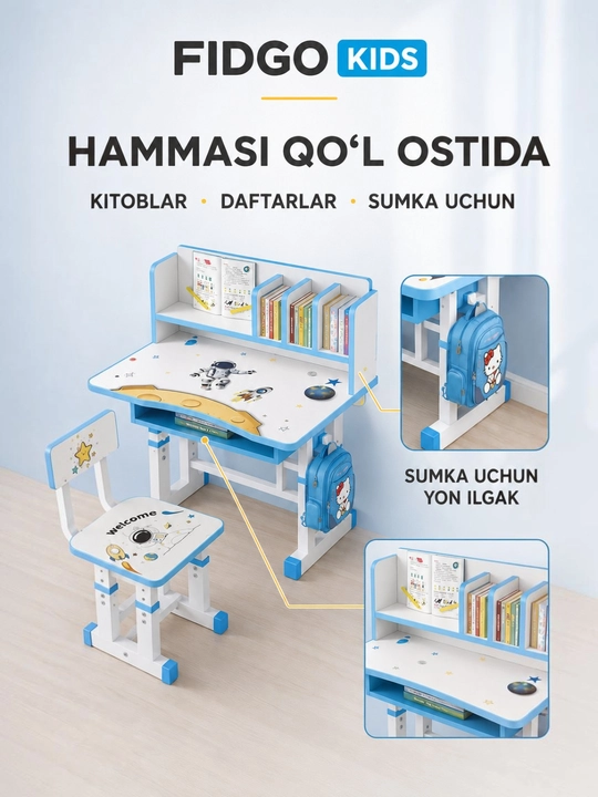 FIDGO stulli bolalar partasi, o‘qish va rasm chizish uchun stol va stul to‘plami