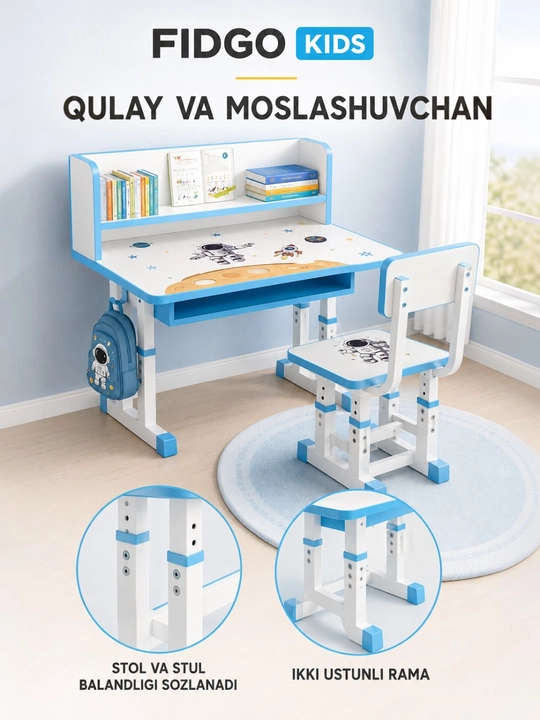 FIDGO stulli bolalar partasi, o‘qish va rasm chizish uchun stol va stul to‘plami