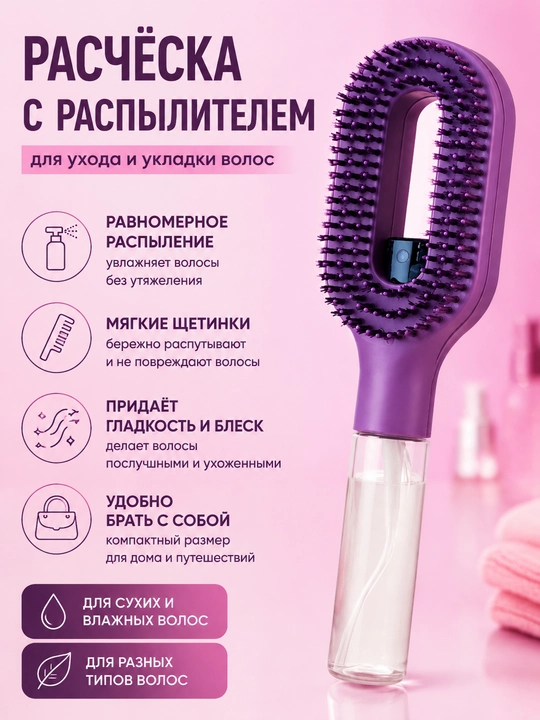 Расчёска с распылителем для ухода за волосами для сухих и влажных волос - 