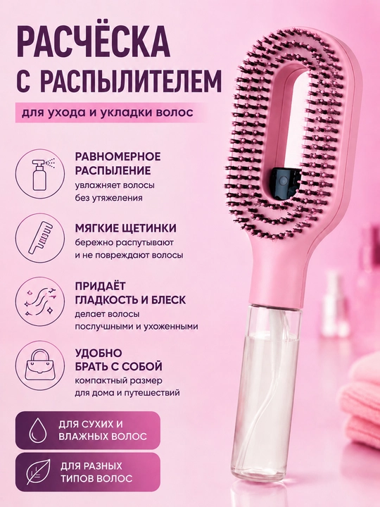 Расчёска с распылителем для ухода за волосами для сухих и влажных волос - 