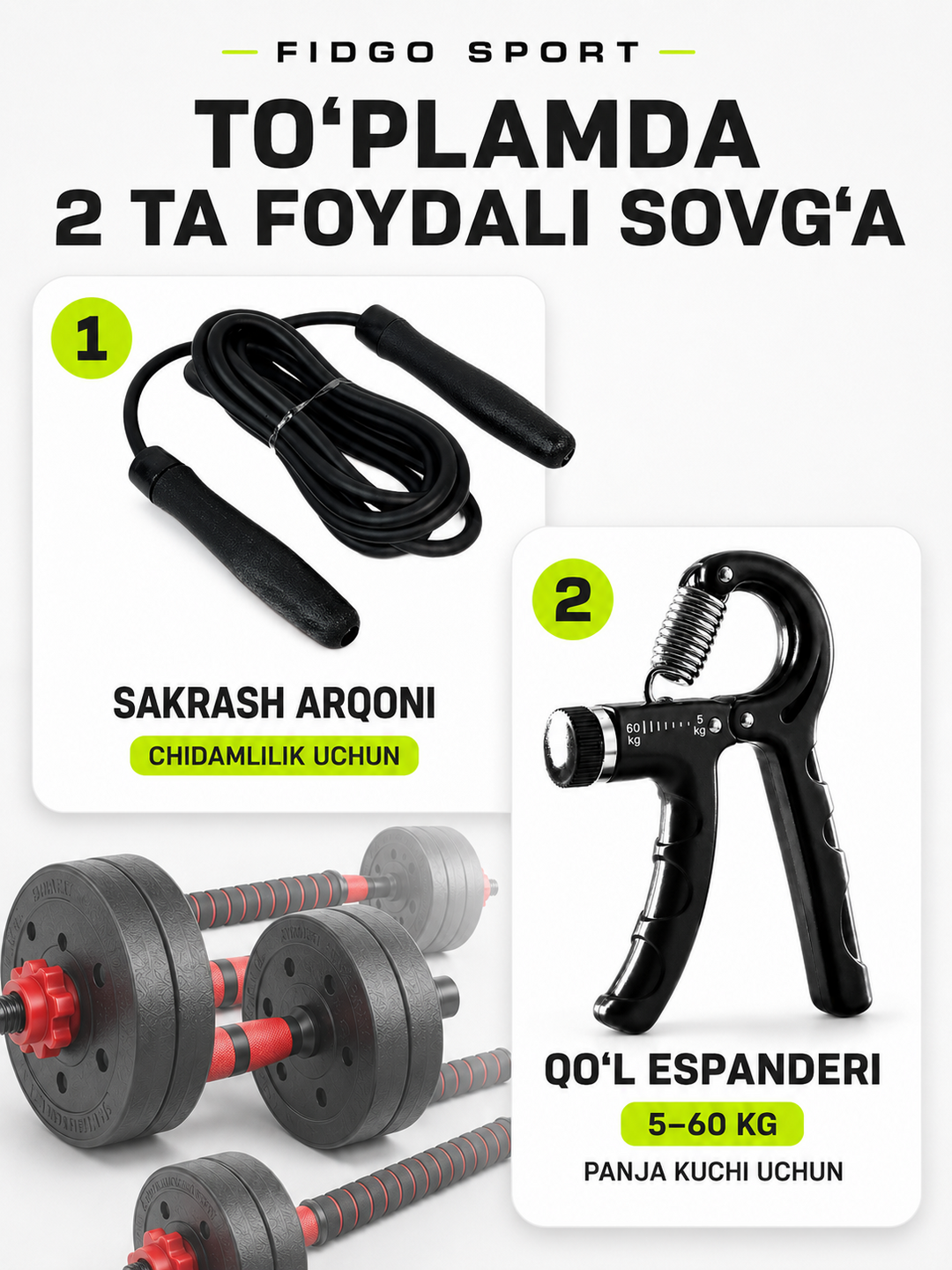Gantellar va shtangalar, 2 ta 1 da 20, 25, 30 - kuch mashqlari uchun uy to‘plami FIDGO