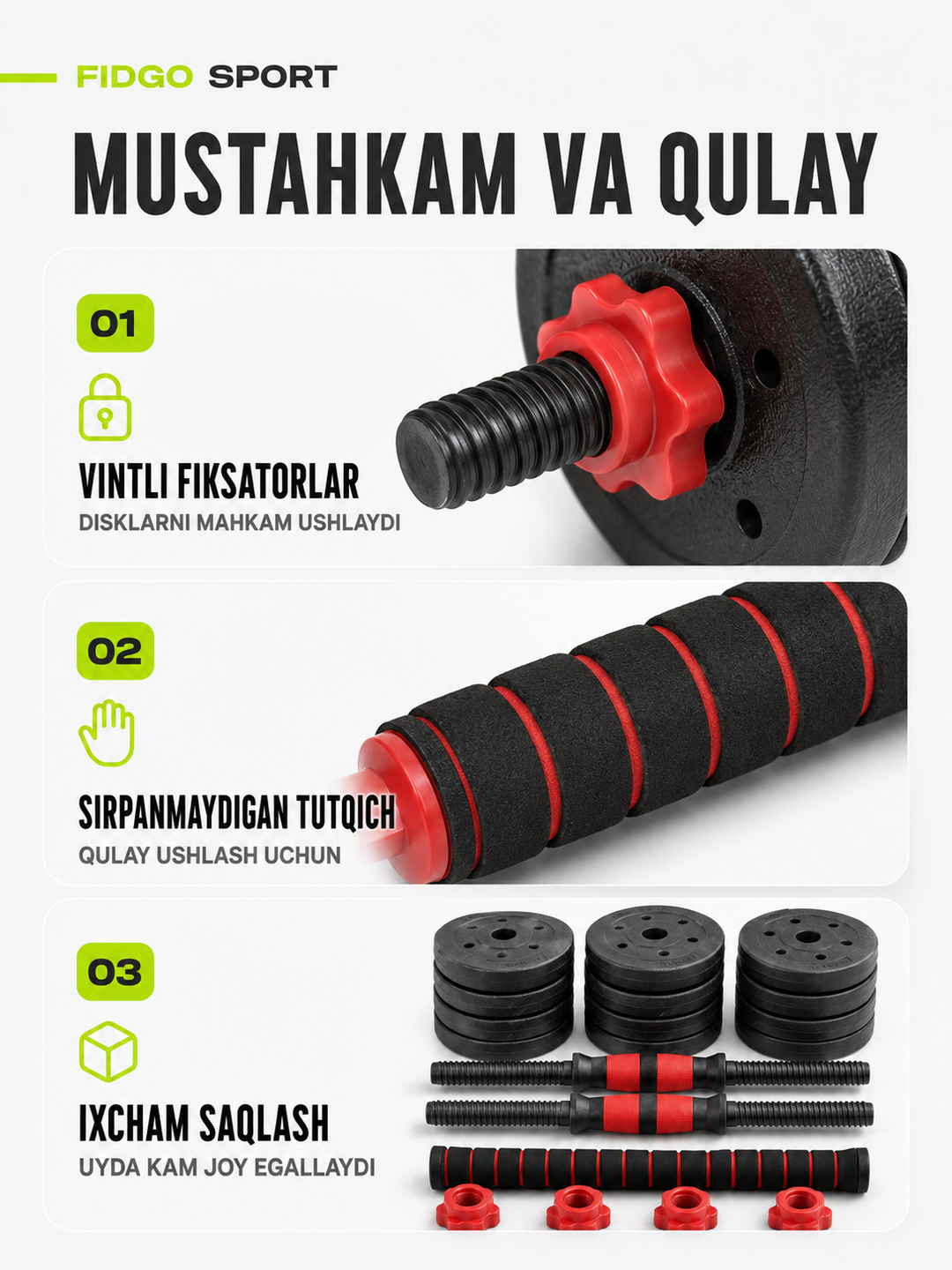 Gantellar va shtangalar, 2 ta 1 da 20, 25, 30 - kuch mashqlari uchun uy to‘plami FIDGO