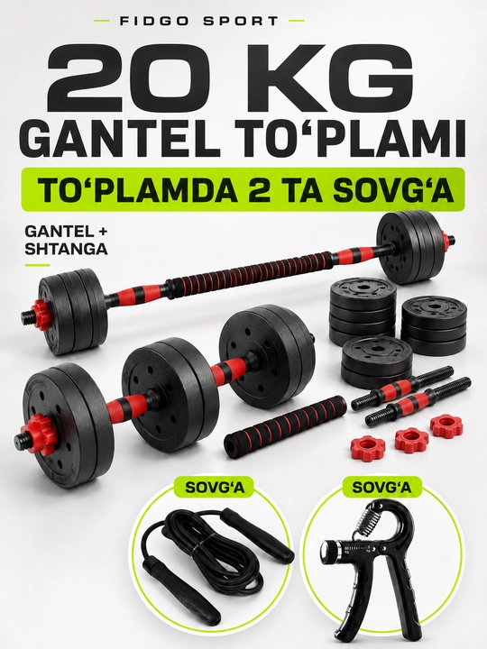 Gantellar va shtangalar, 2 ta 1 da 20, 25, 30 - kuch mashqlari uchun uy to‘plami FIDGO - 