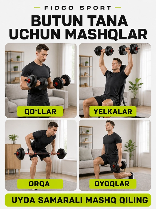 Gantellar va shtangalar, 2 ta 1 da 20, 25, 30 - kuch mashqlari uchun uy to‘plami FIDGO