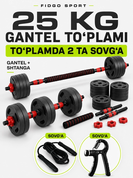 Gantellar va shtangalar, 2 ta 1 da 20, 25, 30 - kuch mashqlari uchun uy to‘plami FIDGO - 