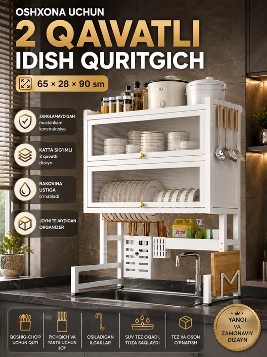 Idish sushilkasi 2 qavatli, rakovina ustiga oshxona uchun javon, 65×28×90 sm - 