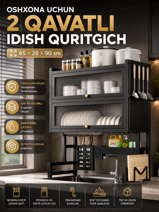 Idish sushilkasi 2 qavatli, rakovina ustiga oshxona uchun javon, 65×28×90 sm - 