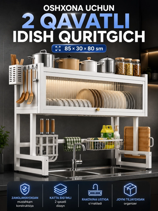 Idish sushilkasi 2 qavatli, rakovina ustiga oshxona uchun javon, 65×28×90 sm - 