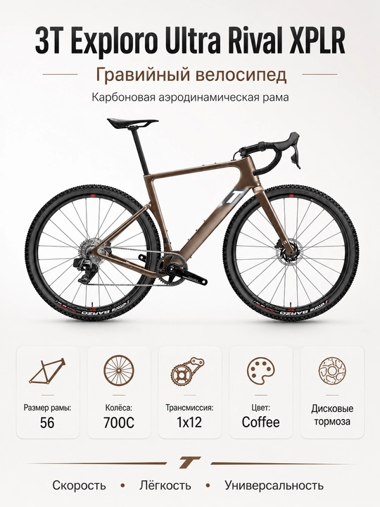 Велосипед с карбоновой аэродинамической рамой 3T Exploro Ultra Rival XPLR 1x12 700C  - 