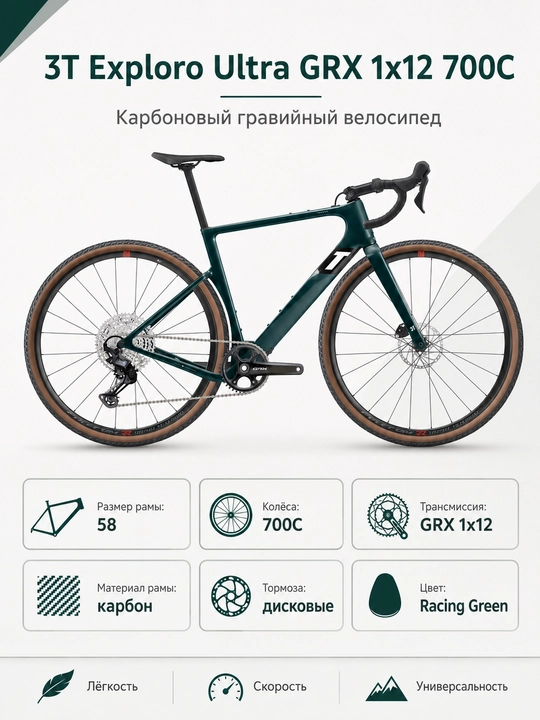 Карбоновый гравийный велосипед 3T Exploro Ultra GRX 1x12 700C Racing Green 58 - 