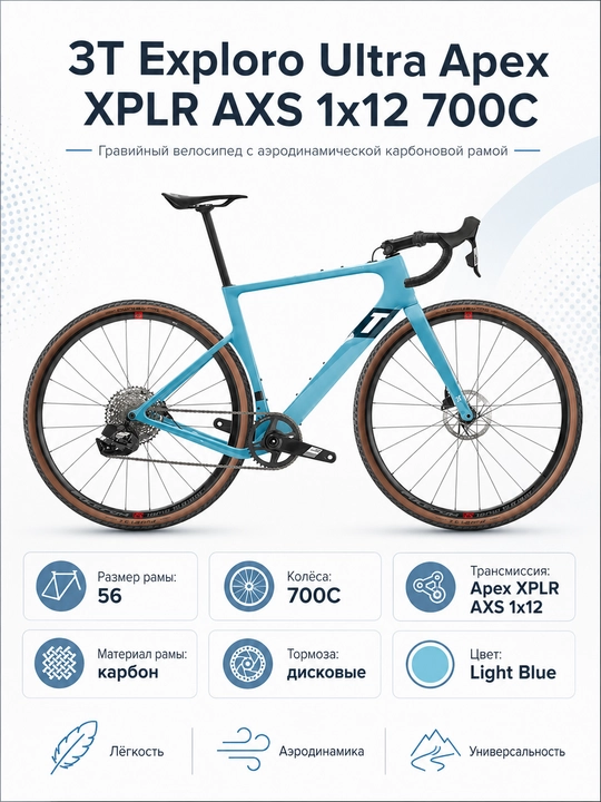 Велосипед с аэродинамической карбоновой рамой 3T Exploro Ultra Apex XPLR AXS 1x12 700C - 