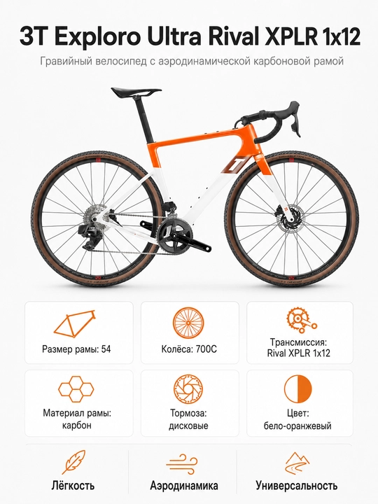 Велосипед с аэродинамической карбоновой рамой 3T Exploro Ultra Rival XPLR 1x12 700C - 