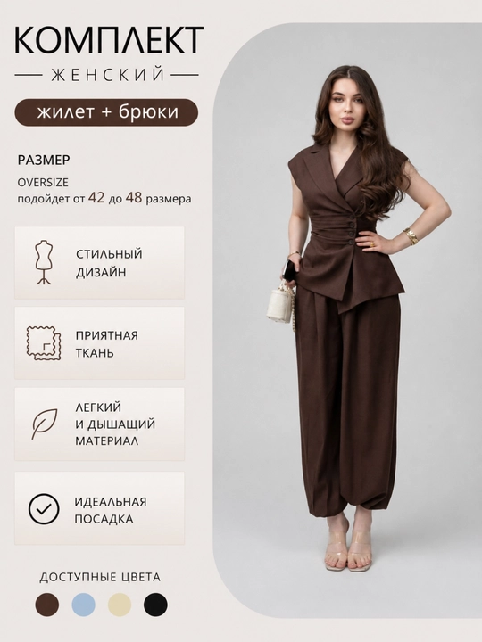 Ayollar kostyumi, nimchali va keng shimli, nafis shimli kostyum 42-48 - 
