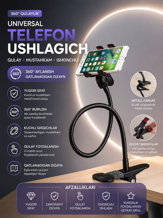 360° fleksibel telefon ushlagich qisqichli smartfon stendi universal stol uchun - 