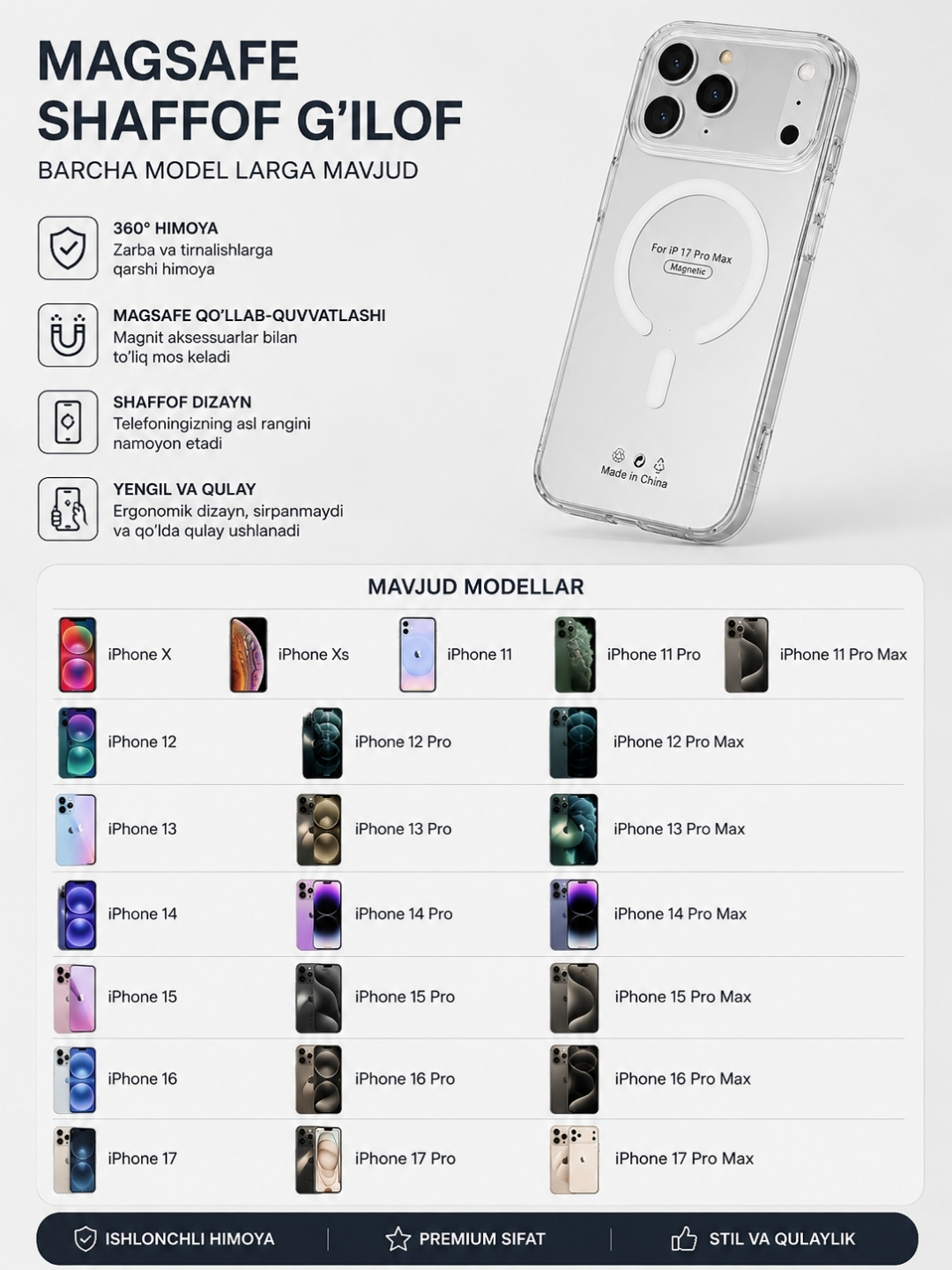 Chexol iPhone XS, 11, 12, 13, 14, 15, 16, 17, Pro, Max, shaffof plastik, g'ilof