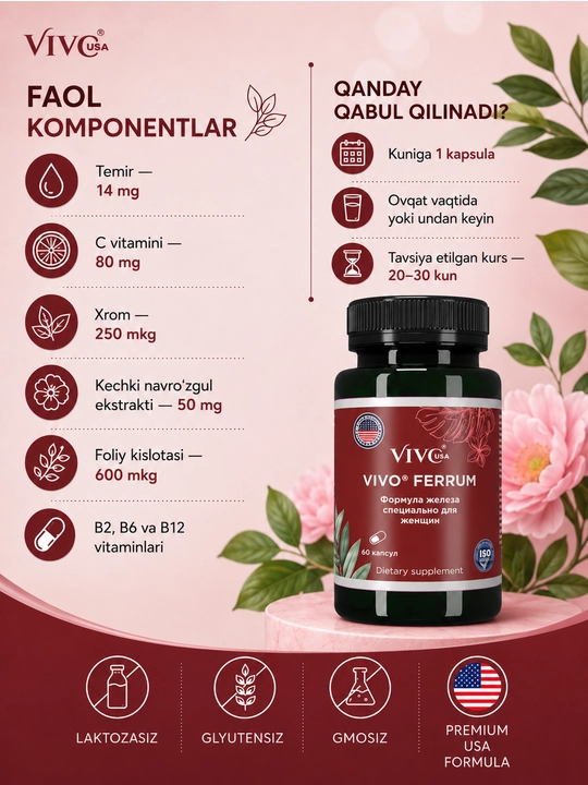 "VIVO FERRUM" Ayollar uchun maxsus yaratilgan vitaminli temir moddali vosita.