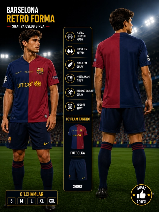 Barcelona FC Retro futbol formasi – klassik uslub va zamonaviy qulaylik