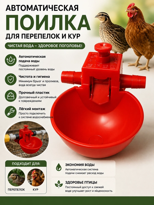 Автоматическая чашечная поилка для кур, перепелов, цыплят и домашней птицы - 