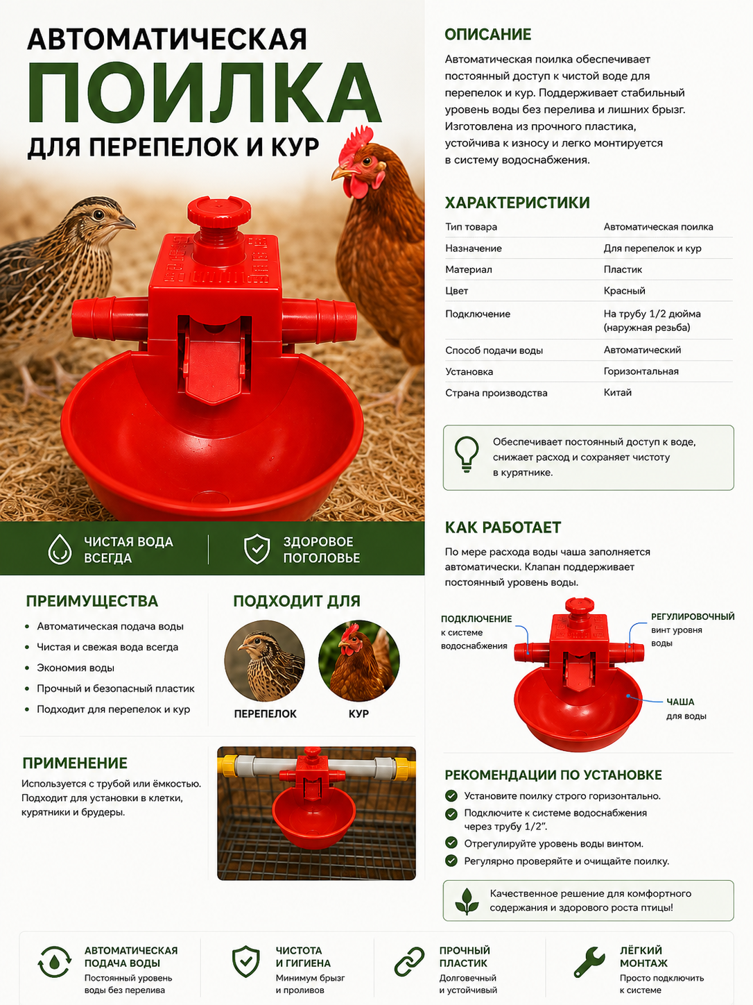 Tovuqlar, bedana, jo'jalar va parrandalar uchun avtomatik stakanli ichimlik idishi