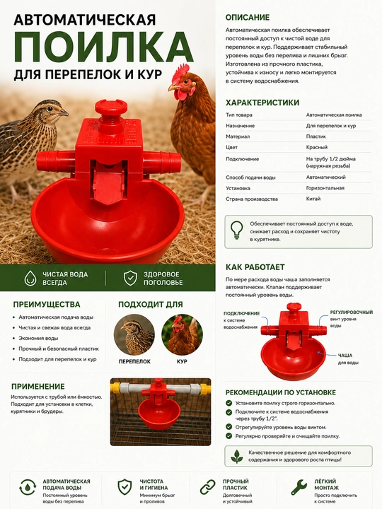 Tovuqlar, bedana, jo'jalar va parrandalar uchun avtomatik stakanli ichimlik idishi