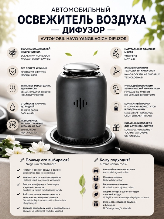 Avtomobil uchun havo yangilagichi, aroma diffuzor, mashina uchun avto aromatizator - 