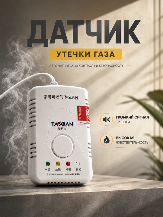 Датчик газа с громкой сигнализацией, высокая чувствительность, работает от электричества