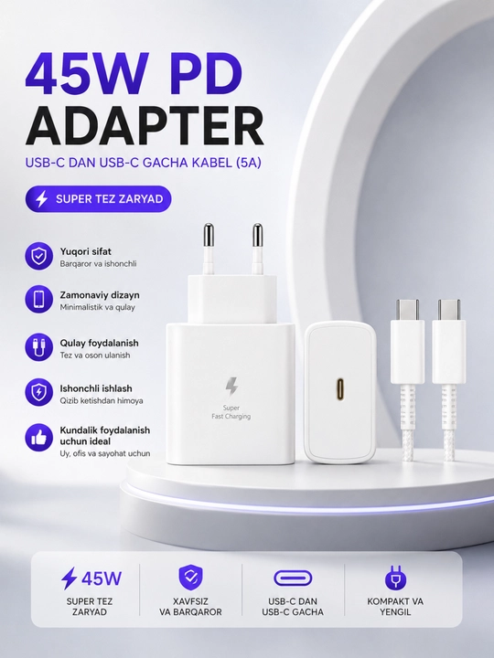 Быстрое зарядное устройство 45W PD с кабелем USB-C to USB-C 5A Fast Charge - 