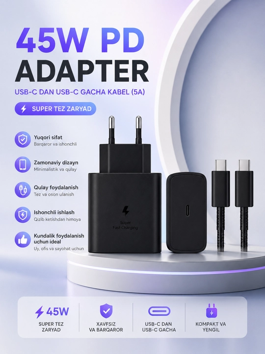 Быстрое зарядное устройство 45W PD с кабелем USB-C to USB-C 5A Fast Charge - 