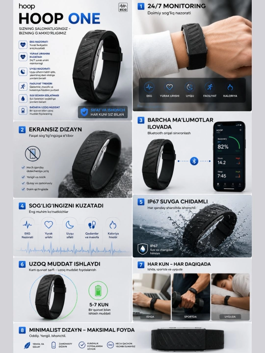 HOOP Smart Band fitnes bilaguzugi — sog‘liq monitoringi va sport rejimlari bilan