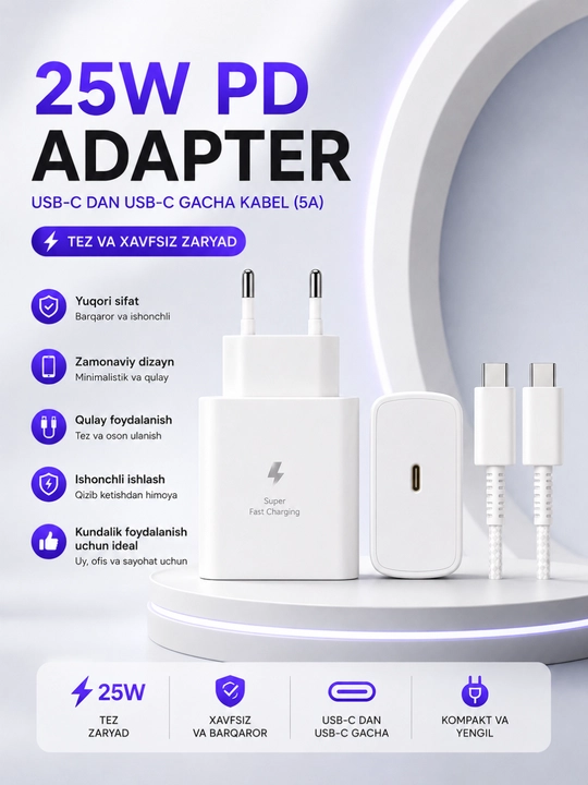 Быстрое зарядное устройство 25W PD с кабелем USB-C to USB-C для Fast Charge - 