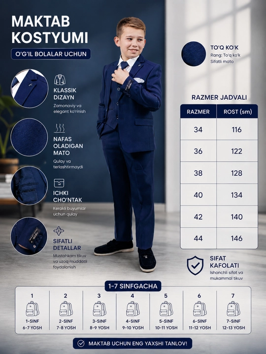 O'smirlar uchun klassik kostyum shim, maktab va tadbirlar uchun kostyum 34/44 gacha - 