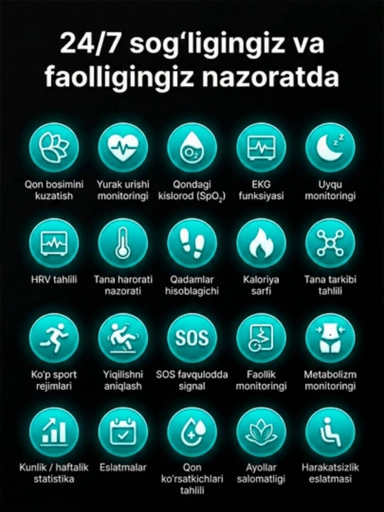 VALDUS VITRO PRO aqlli soat, Bluetooth qo‘ng‘iroqlari, sog‘liq monitoringi, IP68