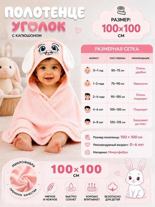 Полотенце детское, с капюшоном, 100 * 100 cм, микрофибра, банное, для лица и тела