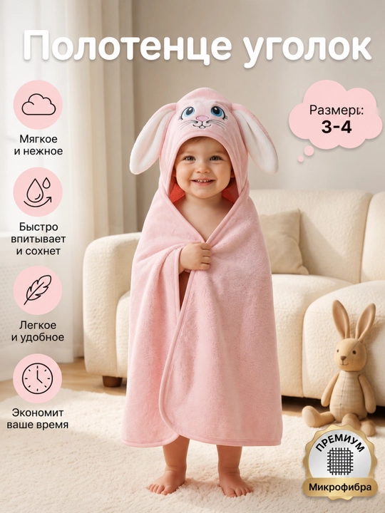 Bolalar sochig‘i kapyushonli,100 * 100 sm, mikrofiberli, yuzga va tanaga mo‘ljallangan - 